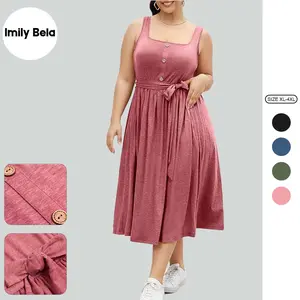 Imily Bela【1XL-4XL】Women's Plus Size Summer Midi Dress Sleeveless A-Line Square Neck Pleated Belted Tank Dress