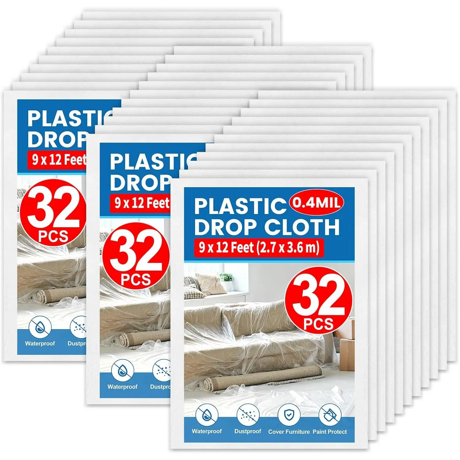 32 count Drop Cloth for Painting, 9 x 12  Plastic Sheeting, Painters Tarp,  Covers for Furniture,