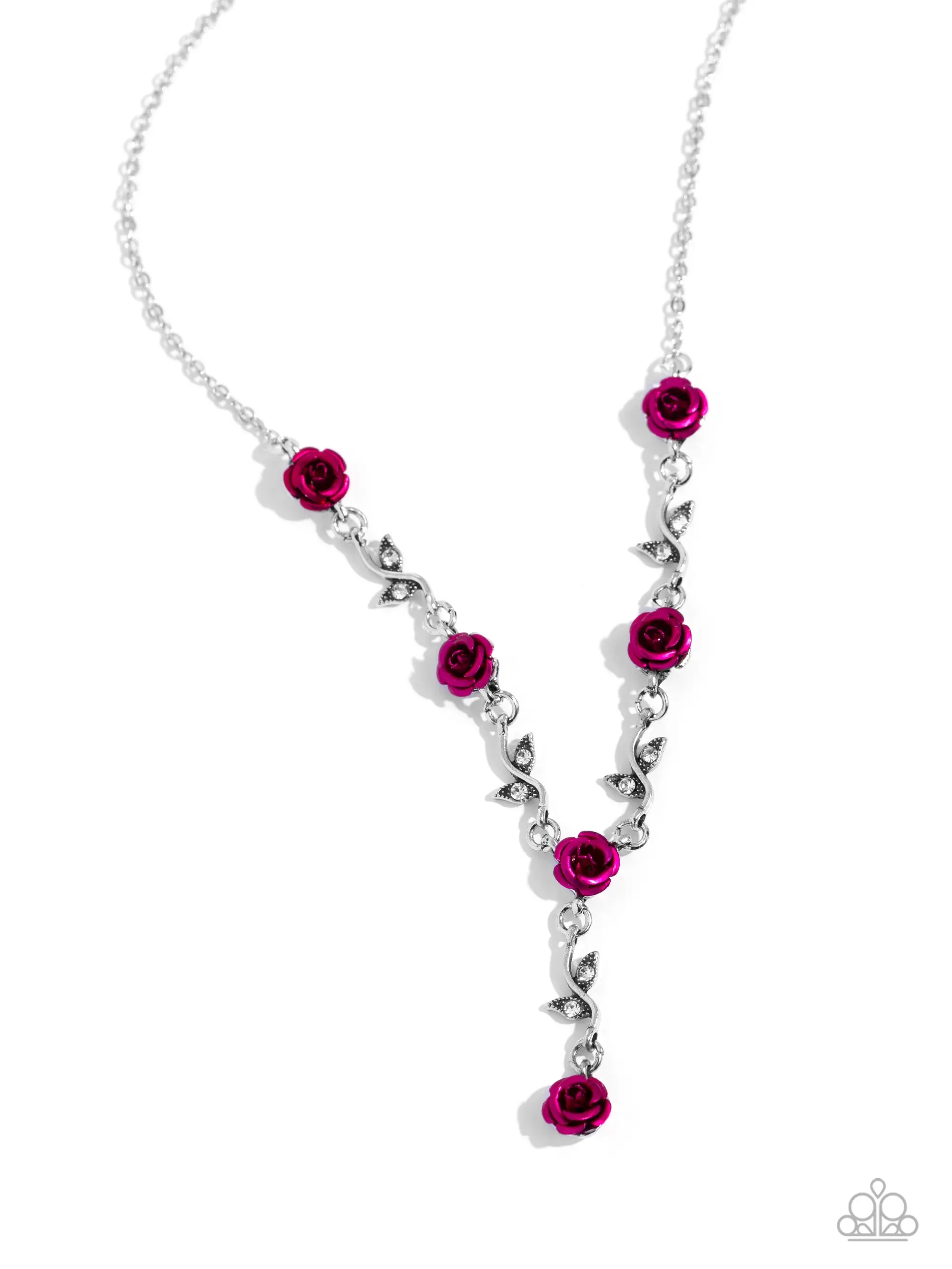 ROSE Without Saying - Y-Necklace, Dainty Silver Links Attach Acrylic Roses and White Rhinestone-Encrusted Silver Vines