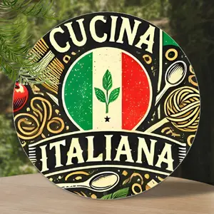 1pc Vintage Italian Cuisine Aluminum Wall Art - 8x8 Inch Retro Circular Plaque with Classic Italian Flag & Ingredients Design, Perfect for Kitchen, Cafe, Bar, or Living Room Decor, Perfect for Room Decor