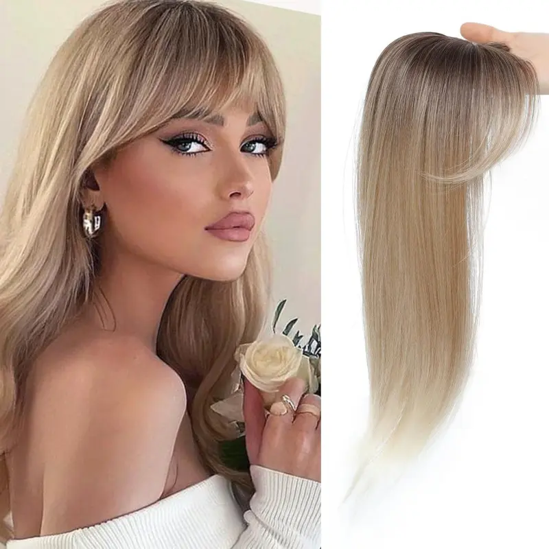 Hair wig Topper for Women, 18-Inch European Style Clip-In Synthetic Hairpiece with Bangs for a Voluminous Natural Look, 1B# / H26/60#, Hair Toppers, Toppers