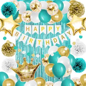 Teal Blue and Gold Birthday Party Decorations-Happy Birthday Banner, Turquoise Aqua Teal Balloons, Foil Fringe Curtain, Tissue Pom Poms for Women, Girls, Men, Boys