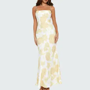 Hello Molly Floral Dreaming Satin Maxi Dress Yellow Backless Slip Dress