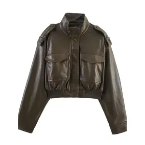 Women's Shiny Faux Leather Aviator Jacket, Stand Collar Long Sleeve Zipper Pocket Design, Casual Elastic Hem Short CoatRAIMENTRY