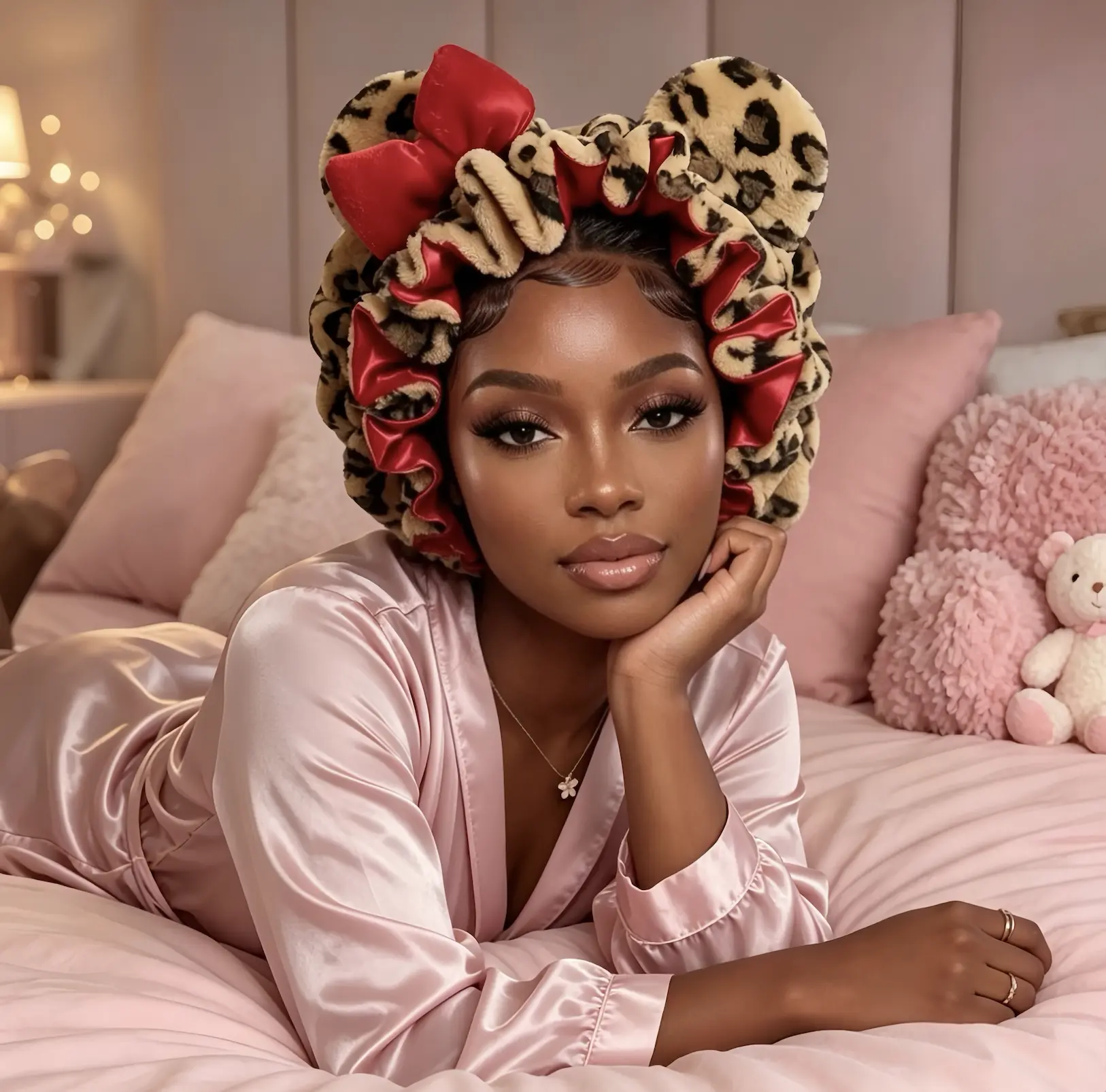 Women's 2026 New Soft Teddy Fleece Bear-Ear Heatless Curling Sleep Bonnet, Trendy Pink Leopard Print Gentle Hair Wrap, 1-Piece No Heat Damage Hair Protector, Wear-While-Sleeping Styling Accessory & Thoughtful Beauty Gift for Her