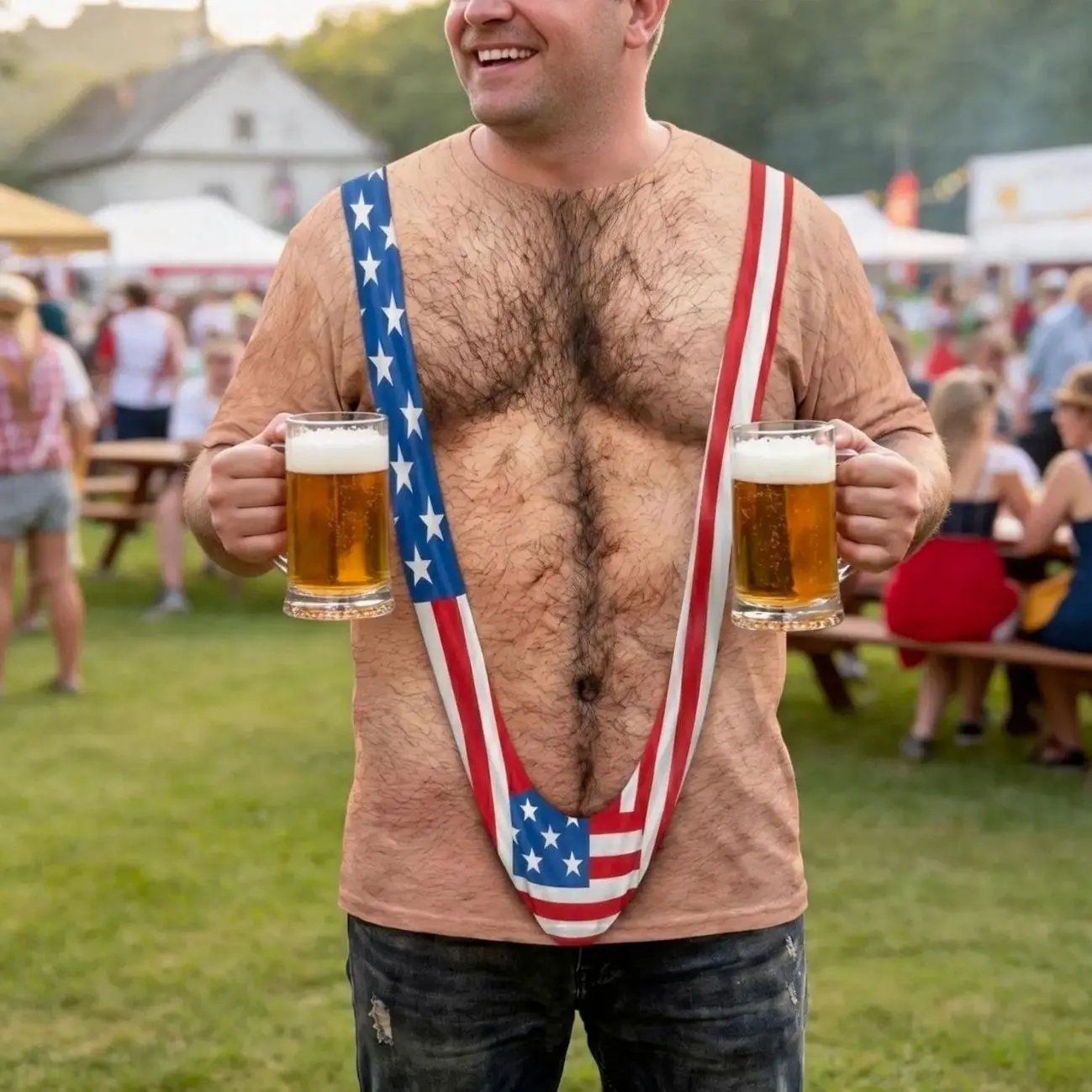 Personalized 3D Hairy Body Swimsuit Shirt, Funny Patriotic Mankini Tee, USA Flag Costume Shirt, Gag Gift for Men, Abs Men Shirt I5Z HVN