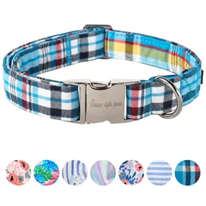 Unique style paws Dog Collar Metal Buckle Blue Plaid Collar Gift Durable Cute Collar for Small Medium Large Boys Girls Dogs Leash
