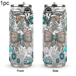 1pc 17oz Western Turquoise Insulated Tumbler with Straw | Stainless Steel Travel Mug | Boho Cow Skull & Bow Print | Rustic Southwestern Design | Double Wall Thermal Cup | Leakproof Lid | Perfect Gift for Country & Western Style Lovers