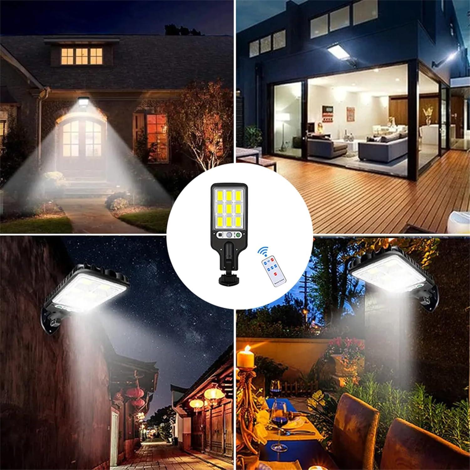 4 Sets Solar Powered LED Street Lights with 120/108 LEDs Each – Smart Remote & IP65 Motion Sensor – 3 Modes (Security/Dim/Highlight) for Pathways, Garages, Backyards & Front Yards – Heavy-Duty Waterproof Lighting Solution for Home & Outdoor Areas