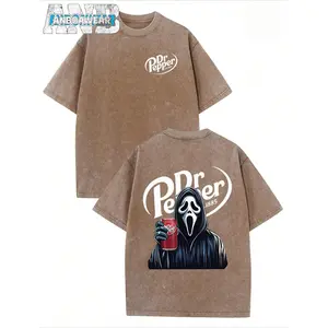 Dr. Pepper Ghost Face Horror Halloween Double-Sided T-Shirt for Men & Women, 230g Washed Batik Retro Thick Cotton, Loose Fit, Round Neck, Short Sleeve, Ideal for Couples, Summer Streetwear
