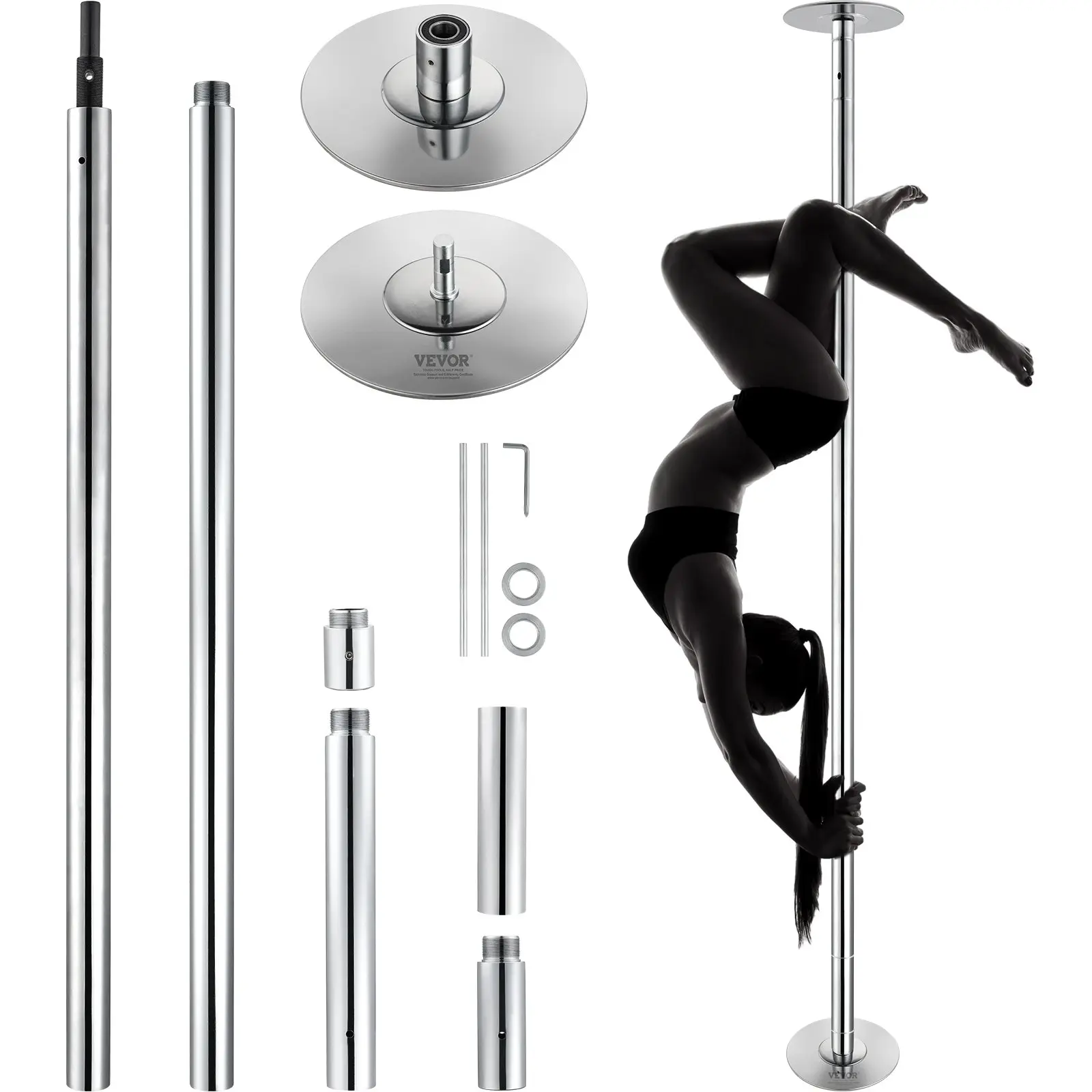 VEVOR 45mm Heavy-Duty Stainless Steel Dual-Mode Dancing Pole Kit - Rotating/Static Modes, 1.9mm Thickness, 200kg Load, 23.1lbs Weight, 110.6x9.1x9.1in Size, Silicone Grip, Floor-Safe, Extension Rods Included, for Dancing, Fitness, Club Use