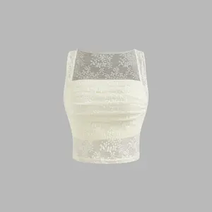 Cider [4 colors, size 0-10] Lace Square Neck Ruched Crop Tank Top