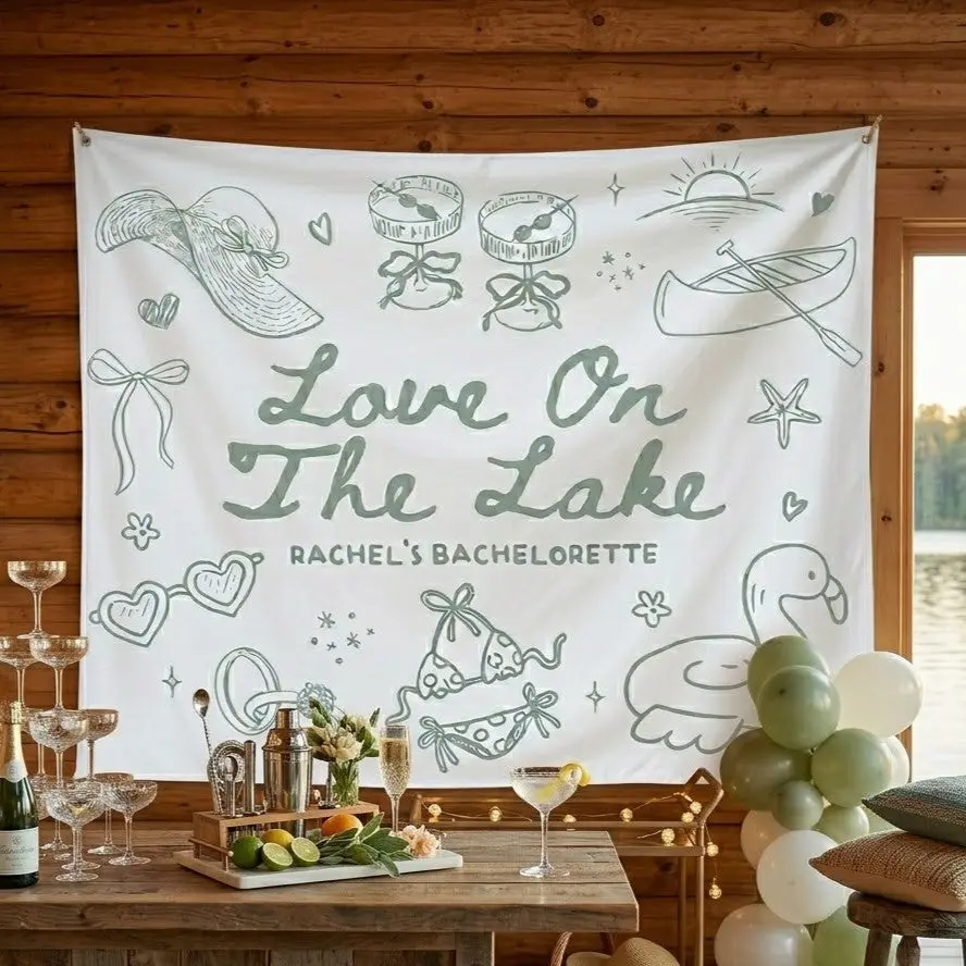 Chic Personalized Lake Bachelorette Party Banner Tapestry Backdrop - Customizable Durable White Polyester Fabric Photo Decor with Line Art Flamingo Float Print, Synthetic Unfolded for Bridesmaids Bridal Showers (Spot Clean, Hanging Tools Not Included), Cu