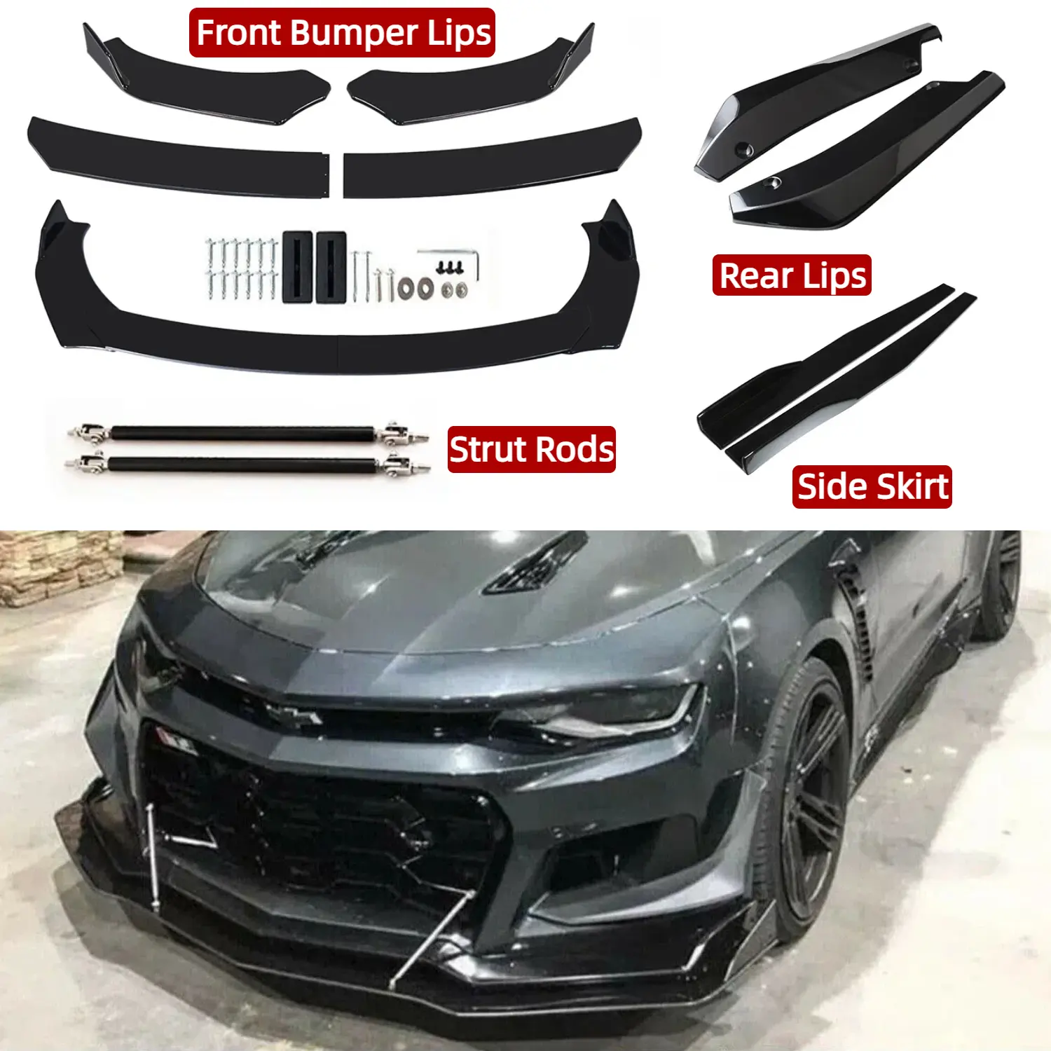 Car Front Bumper Lip Set, Universal Bumper Lip Splitter Spoiler Body Kit And 74.5cm Side Skirt, Fits for Honda Civic Accord Audi Q5 A5 Toyota Camry Corolla Dodge Charger Nissan 350Z Infiniti Q50
