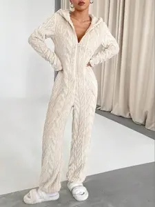 Elegant Chic Women's Solid Color Wool Hooded Long Sleeve Deep V Sexy Jumpsuit, Slim-Fit Contemporary Style for All Seasons, Womenswear