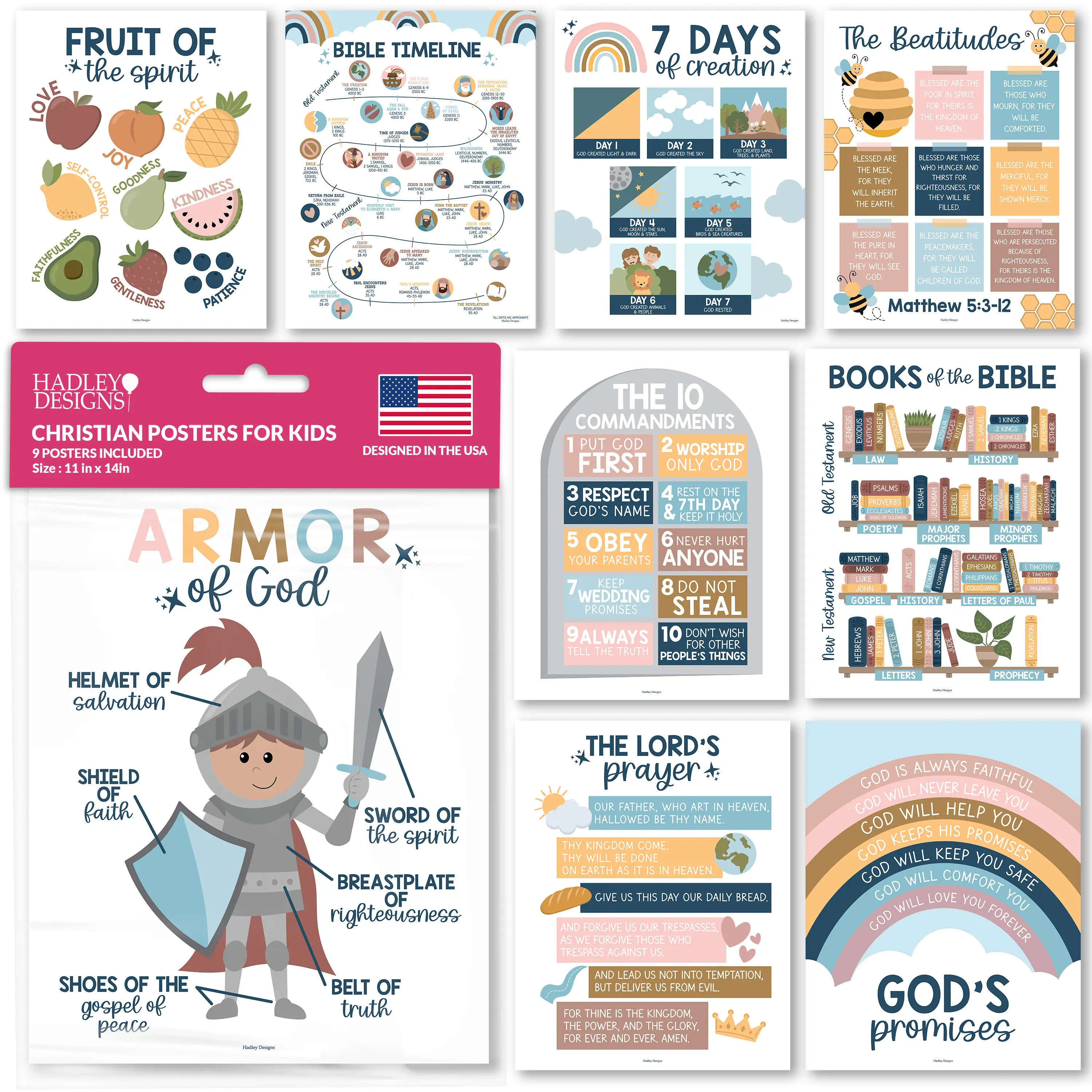 Hadley Designs Bible Posters Set of 9 for Sunday School & Christian Classroom - Laminated 11x14 Scripture Learning Charts for Kids
