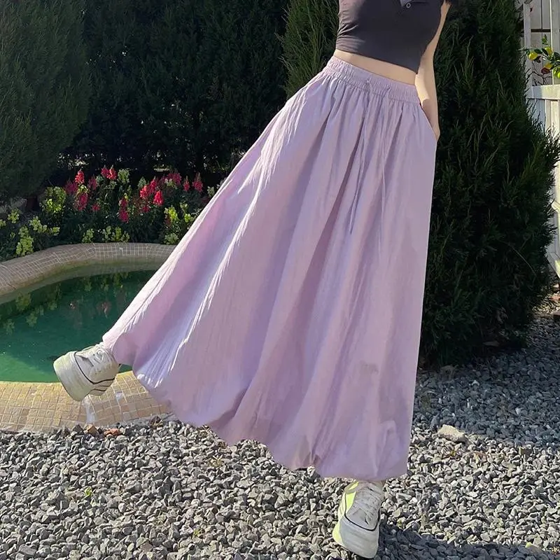Solid Color Casual Long Skirt for Women 2026 Summer Korean Style High Waist Bubble Skirt Woman A-Line Lantern Skirts with Pocket