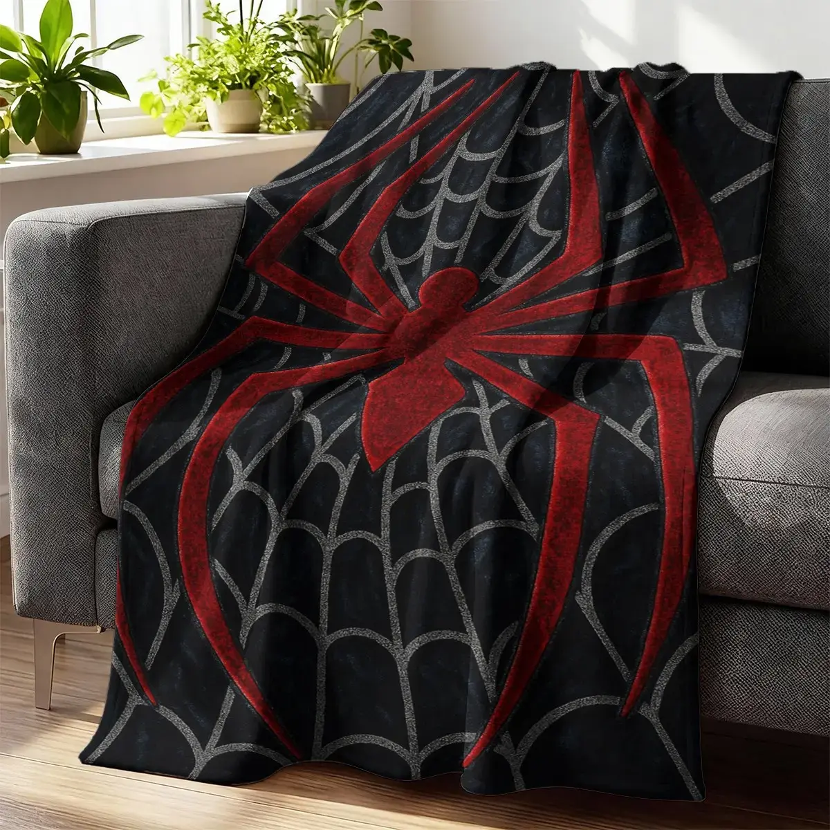 Black Red Spider Inspired Flannel Throw Blanket, Comic Hero Style Ultra Soft Plush Flannel Blanket, Cozy Blanket for Sofa Bed Couch, Home Decor Gift