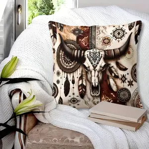 Indigenous Bull Head Totem Throw Pillow with Insert, 45cm Square Zippered, Ethnic Patterns Bull Skull Paired with Feathers & Dreamcatcher, Soft Polyester Fiber, Boho Style Home Decor, Sofa & Bed Accent