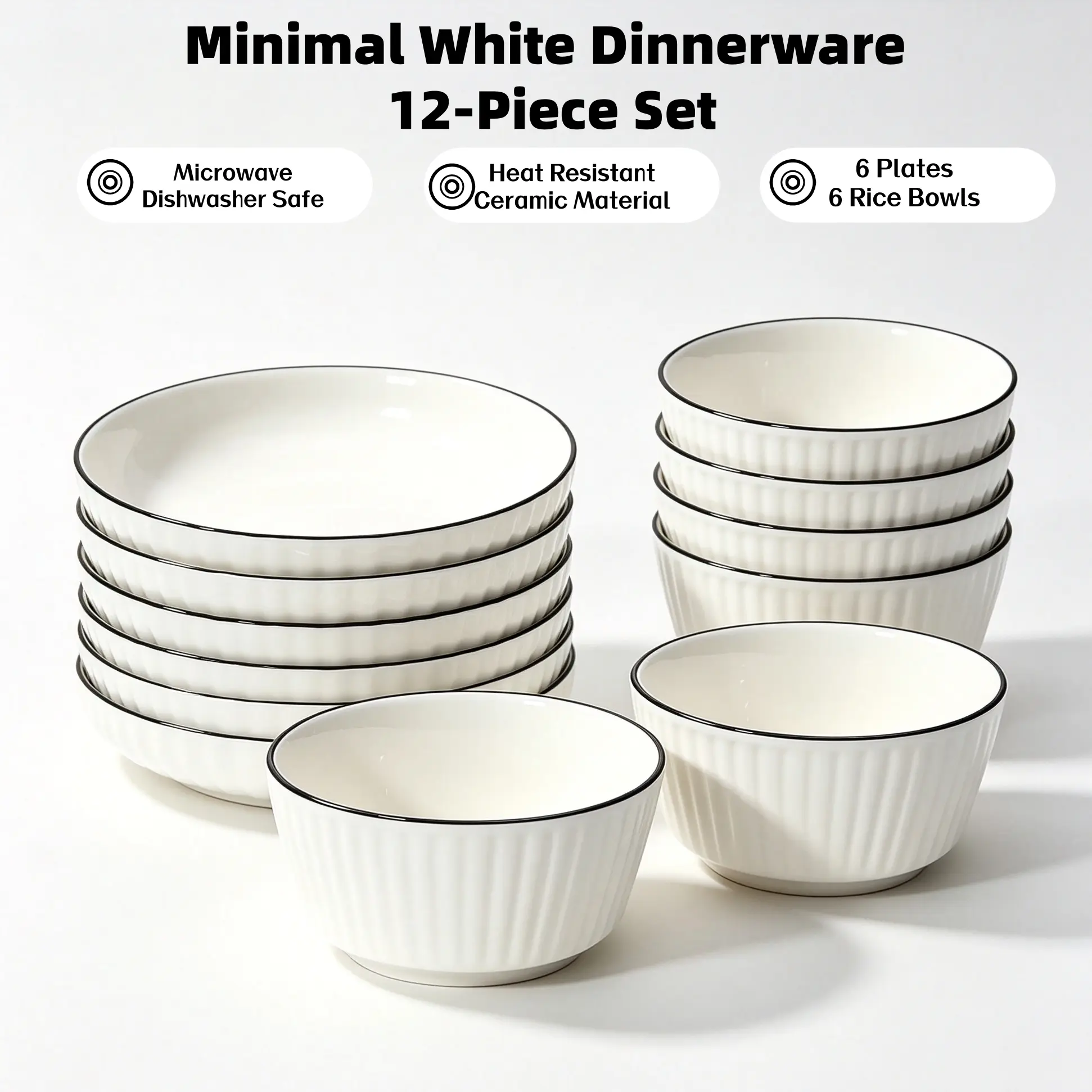 12-Pc Round Porcelain Dinnerware Set - 6x8in Plates, 6x4.5in Rice Bowls, Abstract Line Pattern, Heat-Resistant, Lead-Free, Microwave Safe, Stackable for Every Day Family Meals, Abstract Line-Art Dinner Sets
