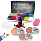 #SohoChic Smooth Oil-Free Halloween SFX Cosmetic Combo Kit - 12-Color Blendable Face & Body Paint Palette, 3-Color Scar Wax, Fake Blood, Makeup Brushes & Tools, for Cosplay, Halloween (Great Gift for Friends, Family)