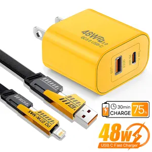 48W Dual-port Super Fast Charger, Portable Fast Charging Adapter with 6FT 4-in-1 Data Sync Cable for iPhone 17/16/15/iPad, iPad, Samsung, Smartphone Electronic Accessories