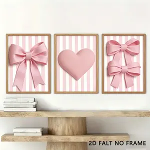 1set3pcs Striped Bow Heart Canvas Art, Home Decor, Gift for Friends, Living Room, Bedroom, Office, Kitchen Wall Art, Unframed, Odorless