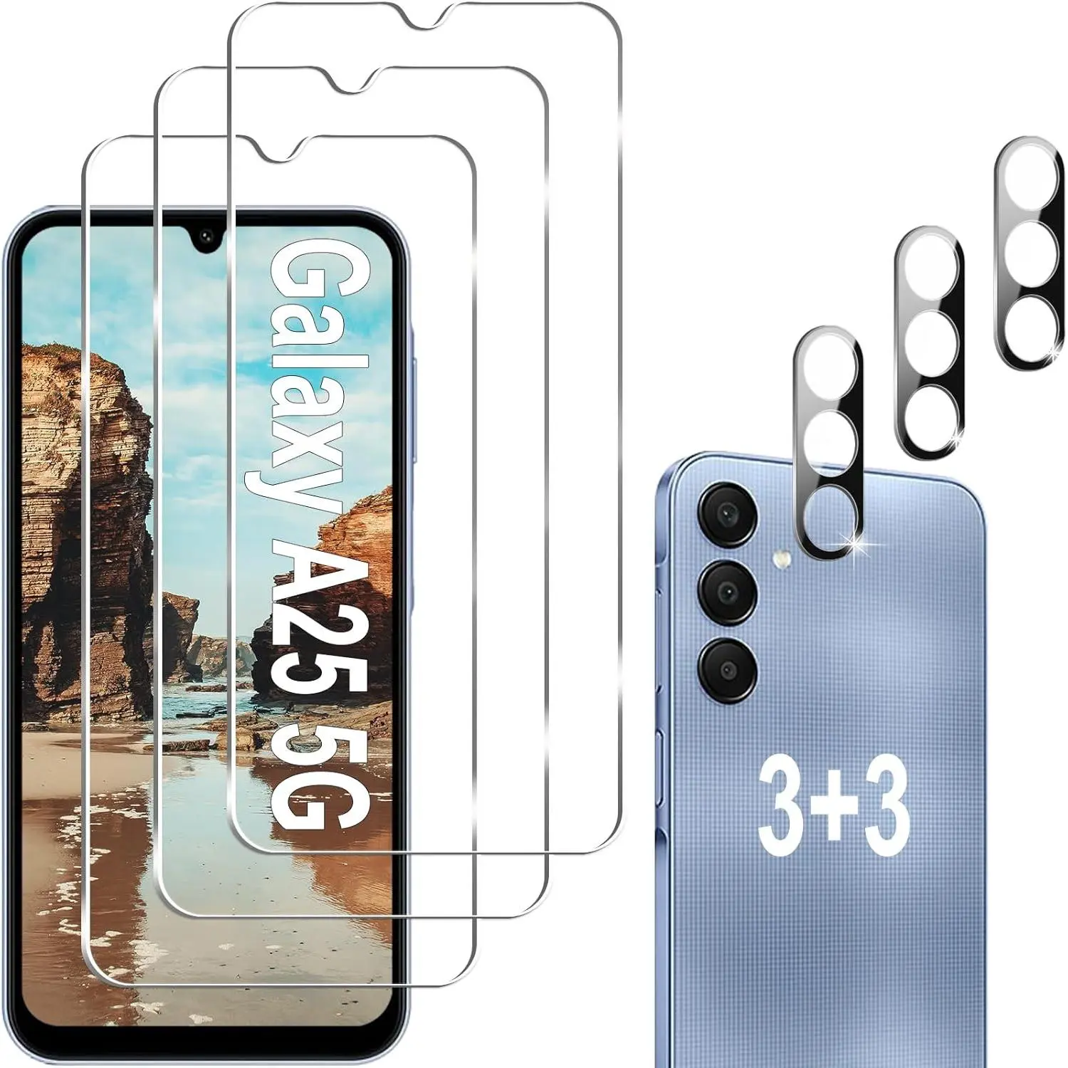 [3+3 Pack] Samsung Galaxy A25 5G Tempered Glass Screen Protectors & Camera Lens Protectors, 9H Hardness, Anti-Scratch, Bubble-Free Installation, HD Clarity, Mobile Phone Protection Accessories, Screen Protector