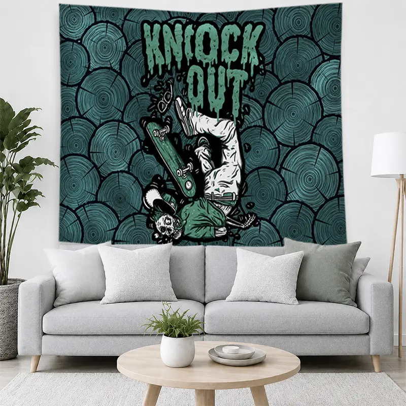 Decorative Skateboard Knockout Graphic Tapestry - Teal, Black, White Street Art Fabric Wall Hanging, Edgy Urban Decor for Bedroom, Living Room Gift Item home wall decor