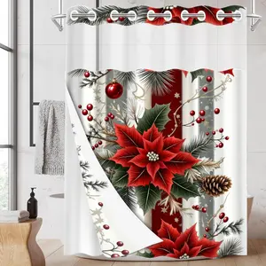 1PC/4PCS 2D Flat Printing Merry Christmas Red Poinsettia Pinecone Patterned shower curtain, Decorative shower curtain, home bathroom decor accessories, shower curtain set with 12 hooks, non-slip bathroom rug, U-shaped toilet seat cover