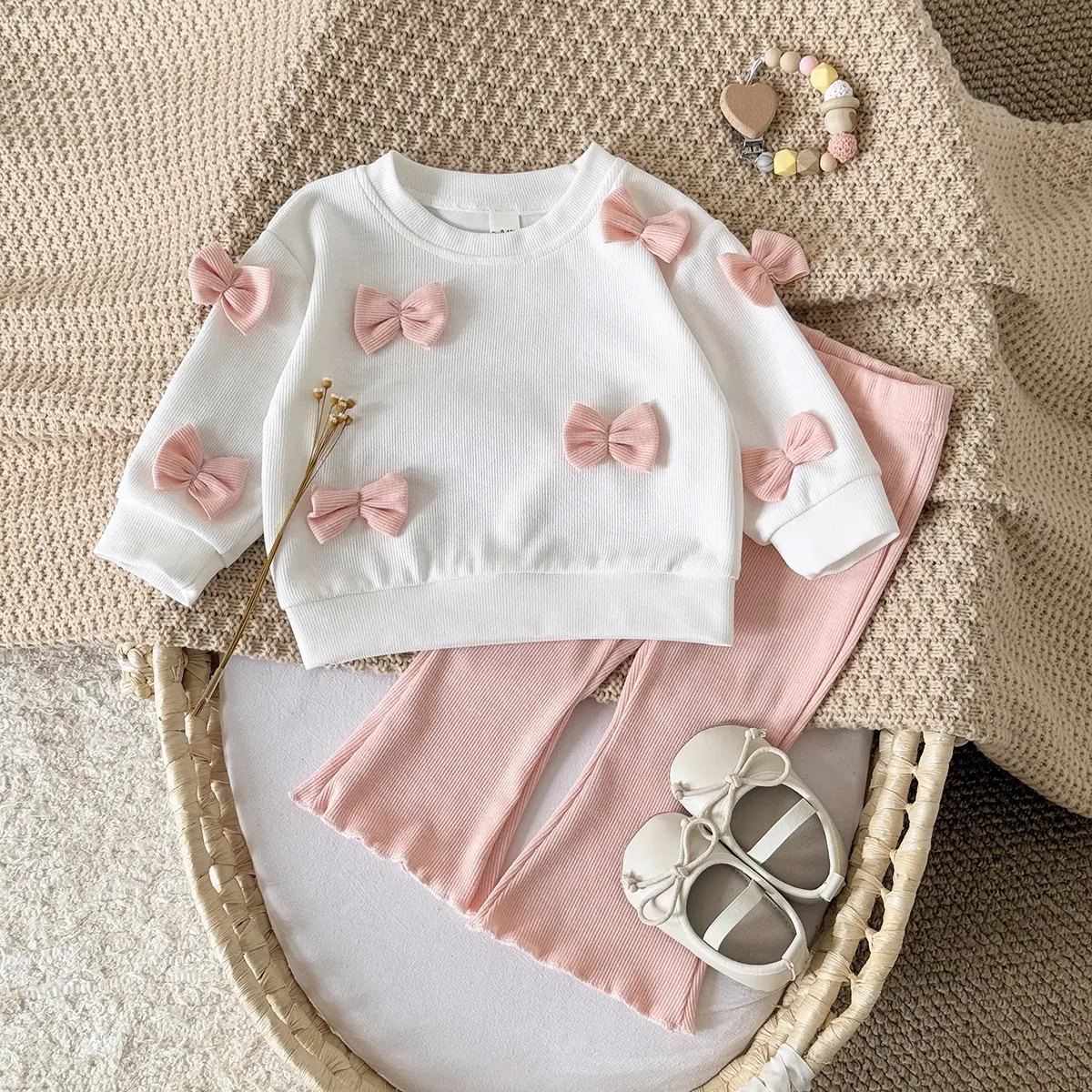 Baby Girl's 2-Piece Clothes Set, Newborn Bowknot Round Neck Sweatshirt & Pink Loose-Fit Flared Pants, Fall Spring Casual Outfit, Cozy, Long Sleeve, Baby Girls Clothing, Outfit Set, Shapes, Unisex, Baby Clothing, New Born Clothes