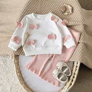 New Spring and Autumn Baby Outfit: Cute Bowknot Round Sweatshirt + Pink Loose Comfortable Bell-Bottom Pants, Infant Set, Comfortable Newborn Clothing