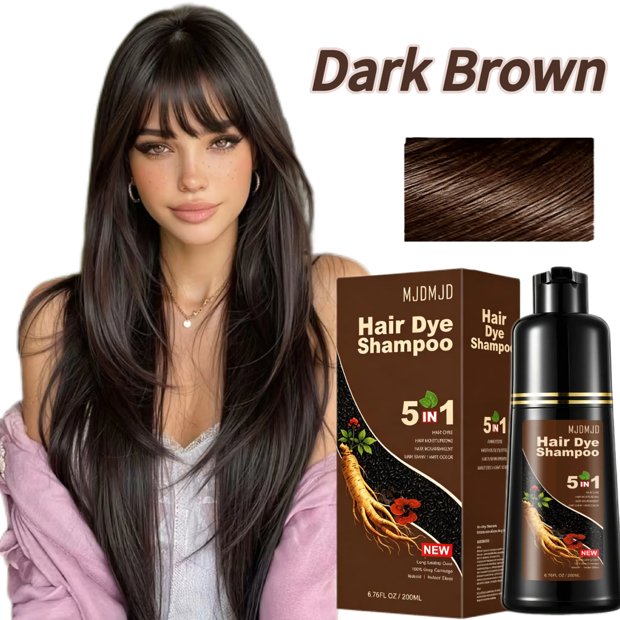 Dark Brown Hair Dye Shampoo 5-in-1, Instant Coloring Formula for Men & Women, Delivers Natural Dark Brown Results in Minutes, Easy-to-Use Color Shampoo Tinte para el Cabello with Long-Lasting Full Gray Coverage, 6.76 Fl Oz