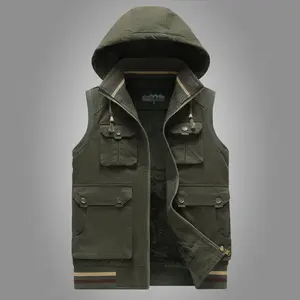 Men's sleeveless fleece vest with hood, warm casual fleece vest with hood, workwear multi-pocket fleece jacket, suitable for outdoor activities, hiking trips, and casual warmth in cold weather.