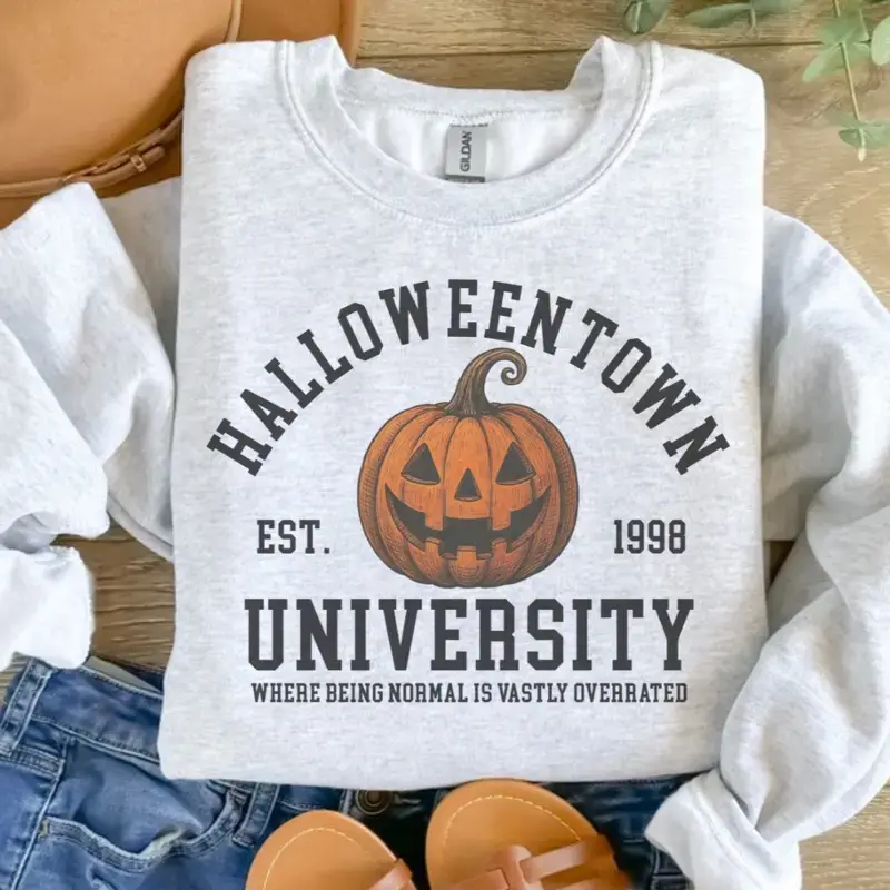 Halloween Town University Pumpkin Sweatshirt - Ash Grey - Halloween Sweatshirt - Spooky Sweatshirt Cotton Fabric - HUNTWEAR SHOP