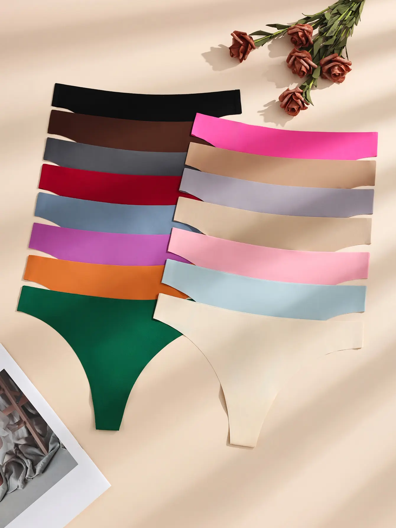 HOTCOM 15PCS Women's Solid Color V shaped Waist Thong, Breathable Comfortable Seamless Panty for Daily Wear, Women's Underwear for All Seasons, Women Underwear, Thongs, Undergarments, Underwear for Women Minimalist Basic