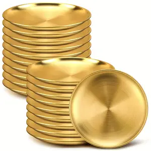 20-Pack Gold Stainless Steel Dessert Plates (6.5"), Reusable Metal Appetizer & Snack Serving Dishes for Party, Wedding & Camping