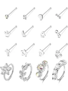 16 Pcs for Women Men 20G Stainless Steel Nose Rings Hoop Bone Nose Rings Studs Paved Flower Leaf Heart Moon Nose Piercing Jewelry Set Durable Lightweight Trendy
