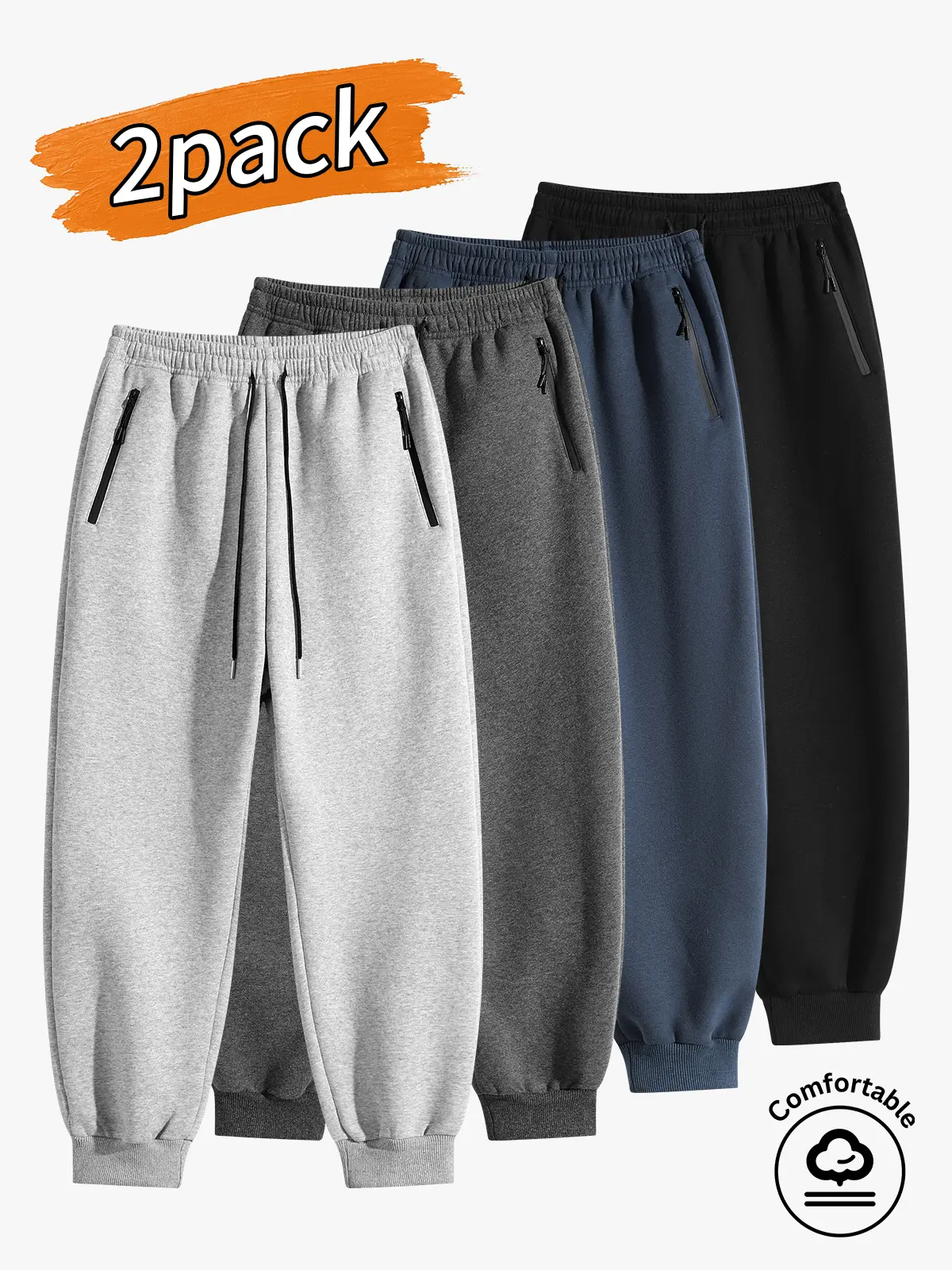 2-pack men’s long pants, men’s casual athletic long pants, men’s jogger pants.Side zipper pockets prevent items from slipping out; elastic waistband with adjustable drawstring fits various body types; cuffed leg openings provide wind protection—ideal for