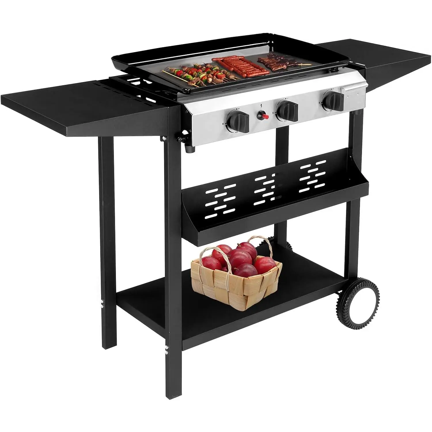 3-Burner Portable Propane Griddle - 40,000BTU Stainless Steel Gas Grill with Enameled Iron Tray, Ceramic Coating Compatibility, Rolling Flat Top, Electronic Ignition, Side Shelf, Regulator, Oil Management, Ideal for Outdoor Cooking Equipment & Patio BBQ,