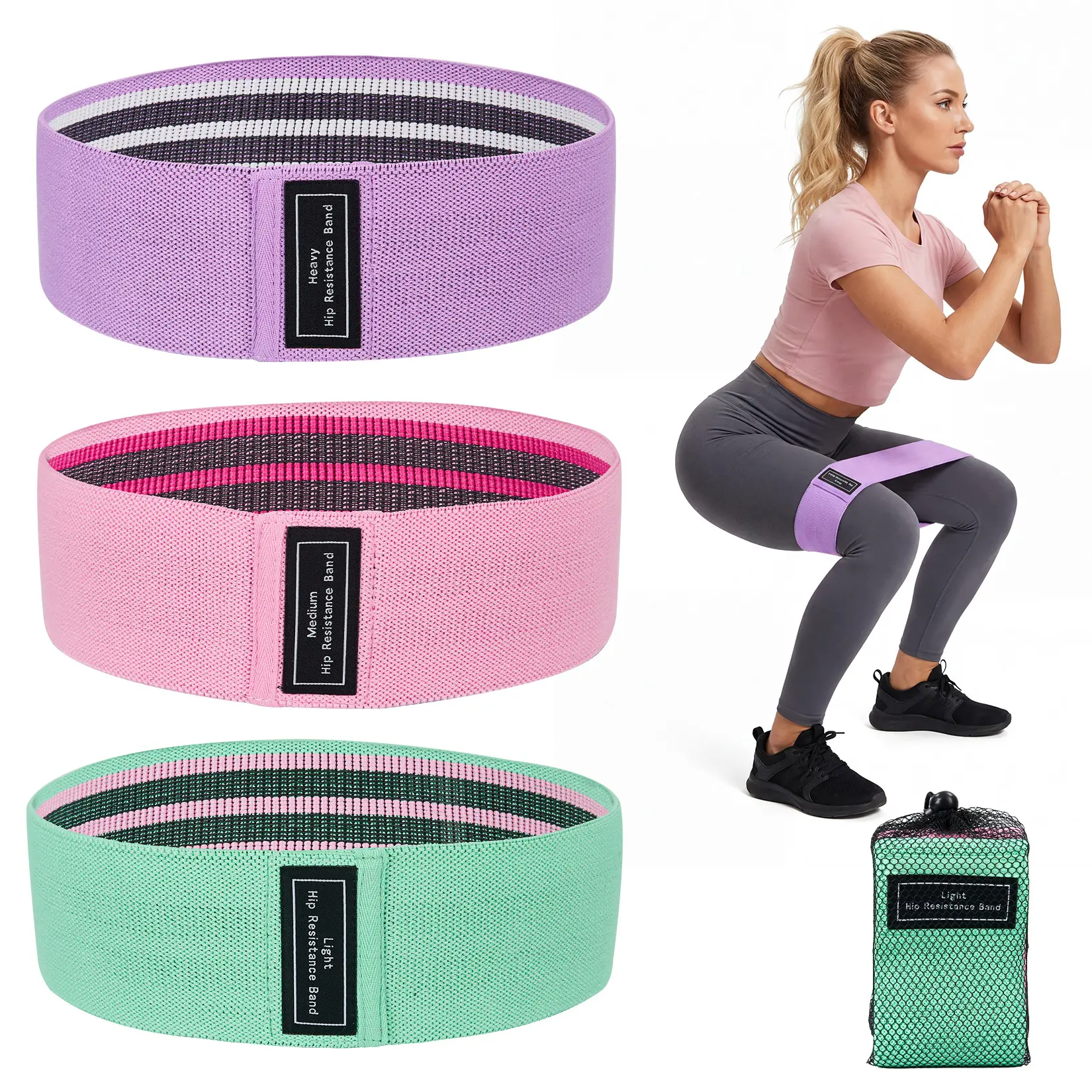 6 Pack Non-Slip Fabric Exercise Loop Bands Multi-Level Strength Training Bands for Workout Yoga Pilates Home Fitness in Purple Pink Green Grey Pink Black Leopard Print Gradient Styles