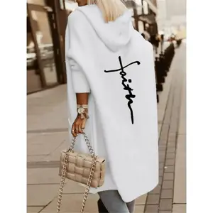 Women’s letter-print drop-shoulder hooded cardigan sweater, casual long-sleeve knitwear with pocket design for autumn and winter, fashionable ladies’ knitwear for everyday wear