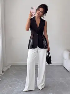 1PC Women's Lace Patchwork Blazer Vest, Single‑Button Waist Cutout Sleeveless Elegant Waistcoat