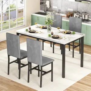 Lamerge Dining Table Set for 4, Modern Kitchen Table and Chairs Set of 4, Space Saving 5 Piece Dining Room Table Set with Faux Marble Top and Upholstered Velvet Chairs for Small Space, Apartment, Grey