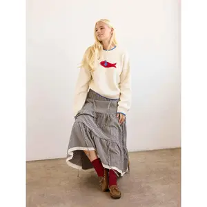 Cider Knit Round Neckline Fish Graphic Contrasting Binding Oversized Top