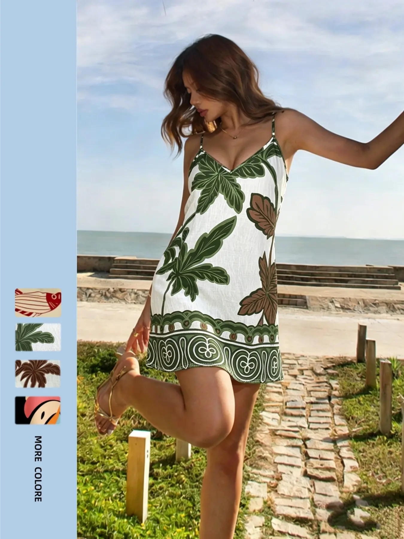 Summer Abstract Tropical Plant Print Dress, V-Neck Flowy Short Beach Dress, Casual Boho Fashion Vacation Style, Slimming Fit European-Style Design, Womenswear