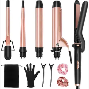 5 in 1 Curling Iron with Interchangeable Ceramic Barrels (0.35"-1.25"), Curling Wand Set with Flat Iron Hair Straightener, Instant Heat Up, Dual Voltage Hair Curler, Gifts for Women