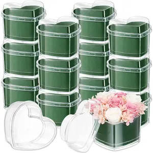 FunooFuno 12 Pcs Wedding Heart Shaped Plastic Boxes 2.95" x 2.95" Flower Box with Lids Floral Foam Mini Clear Heart Gifts Containers for Women Bridal Shower Engagement Party Supplies