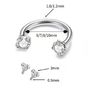 1.0mm/1.2mm 6mm-12mm Horseshoe Nose Hoop Internally Threaded Gems Nose Ring Hypoallergenic Durable Daily Wear Essential