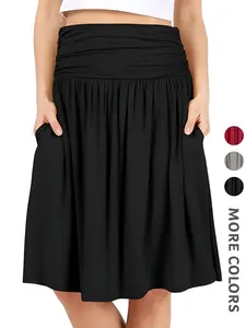 New Spring Summer Women's Solid Color A-Line Skirt, Elastic Waist, Knee Length, Elegant Fashion, Side Pockets, Versatile Commuter Wear, Fit, Womenswear